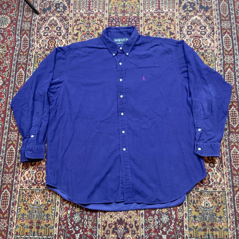 VTG 90s Ralph Lauren Blake Corduroy Button Down Shirt XXL‎ Blue Long Red Pony